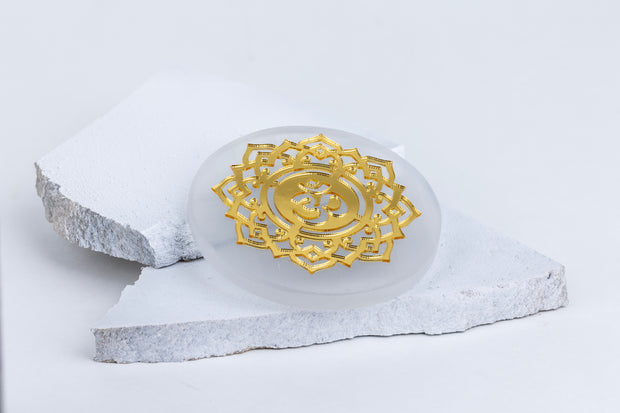 Round Selenite Plate with Gold Plating