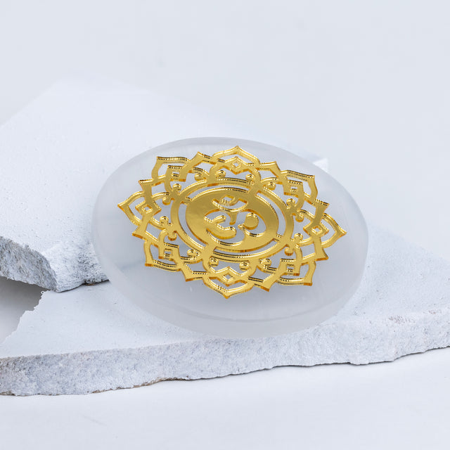 Round Selenite Plate with Gold Plating