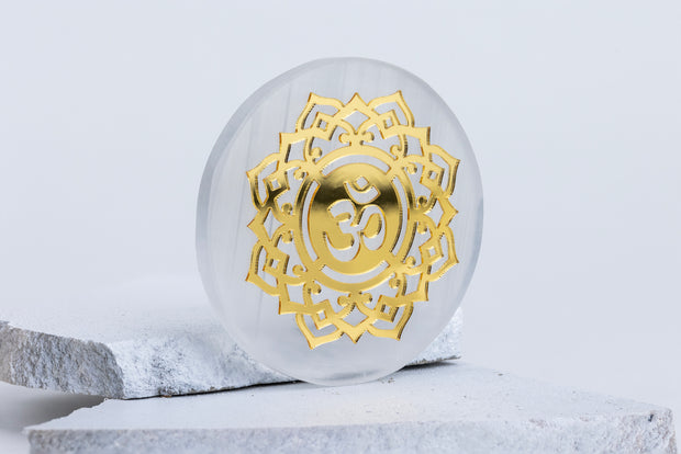 Round Selenite Plate with Gold Plating