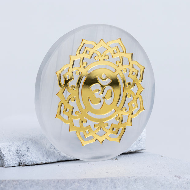 Round Selenite Plate with Gold Plating