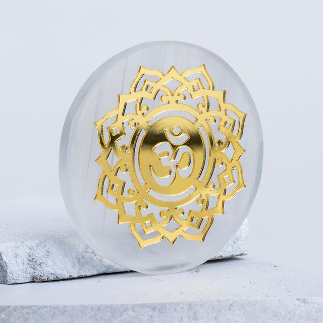 Round Selenite Plate with Gold Plating