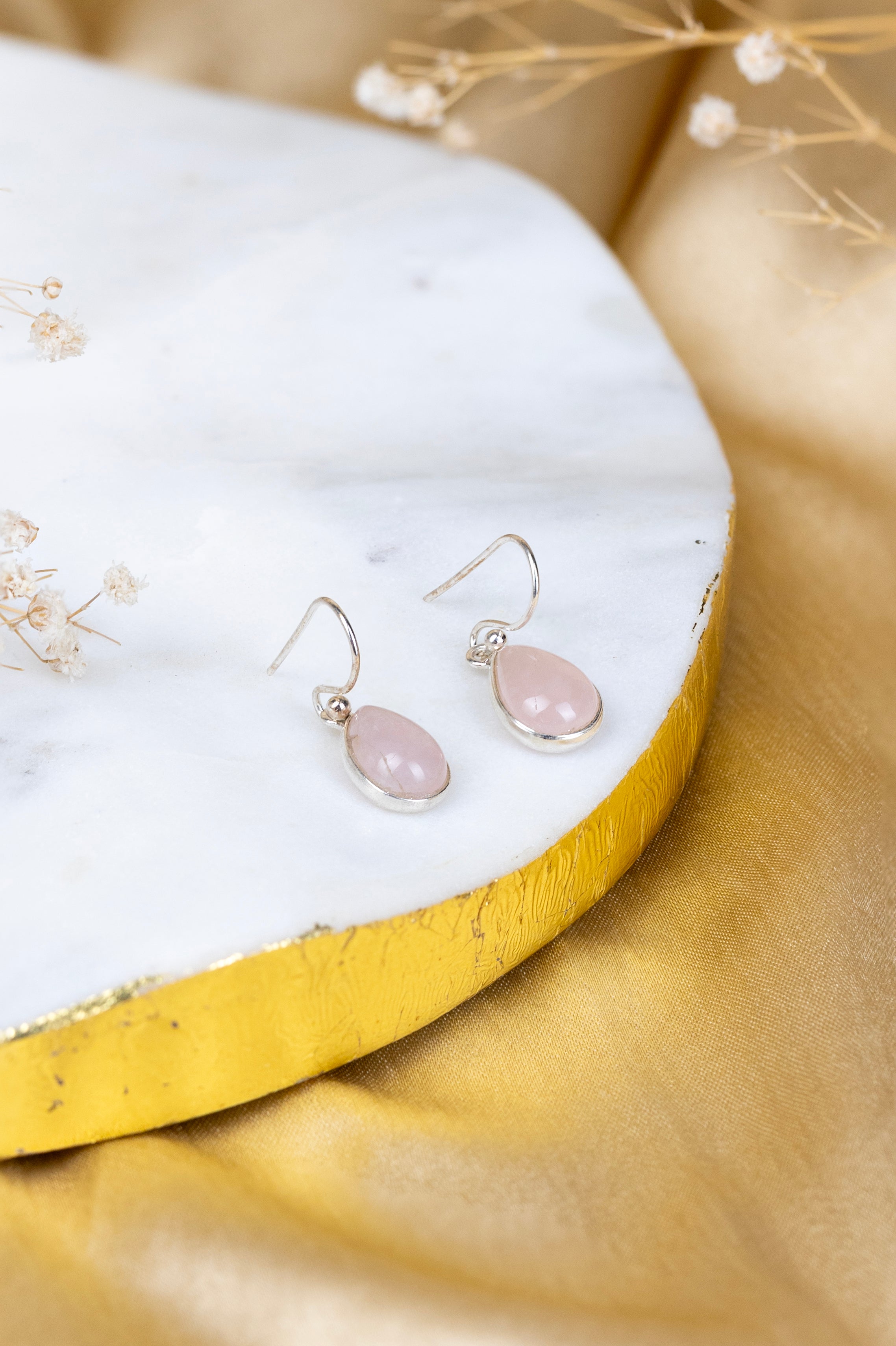 Rose Quartz Teardrop Danglings in 92.5 Sterling Silver