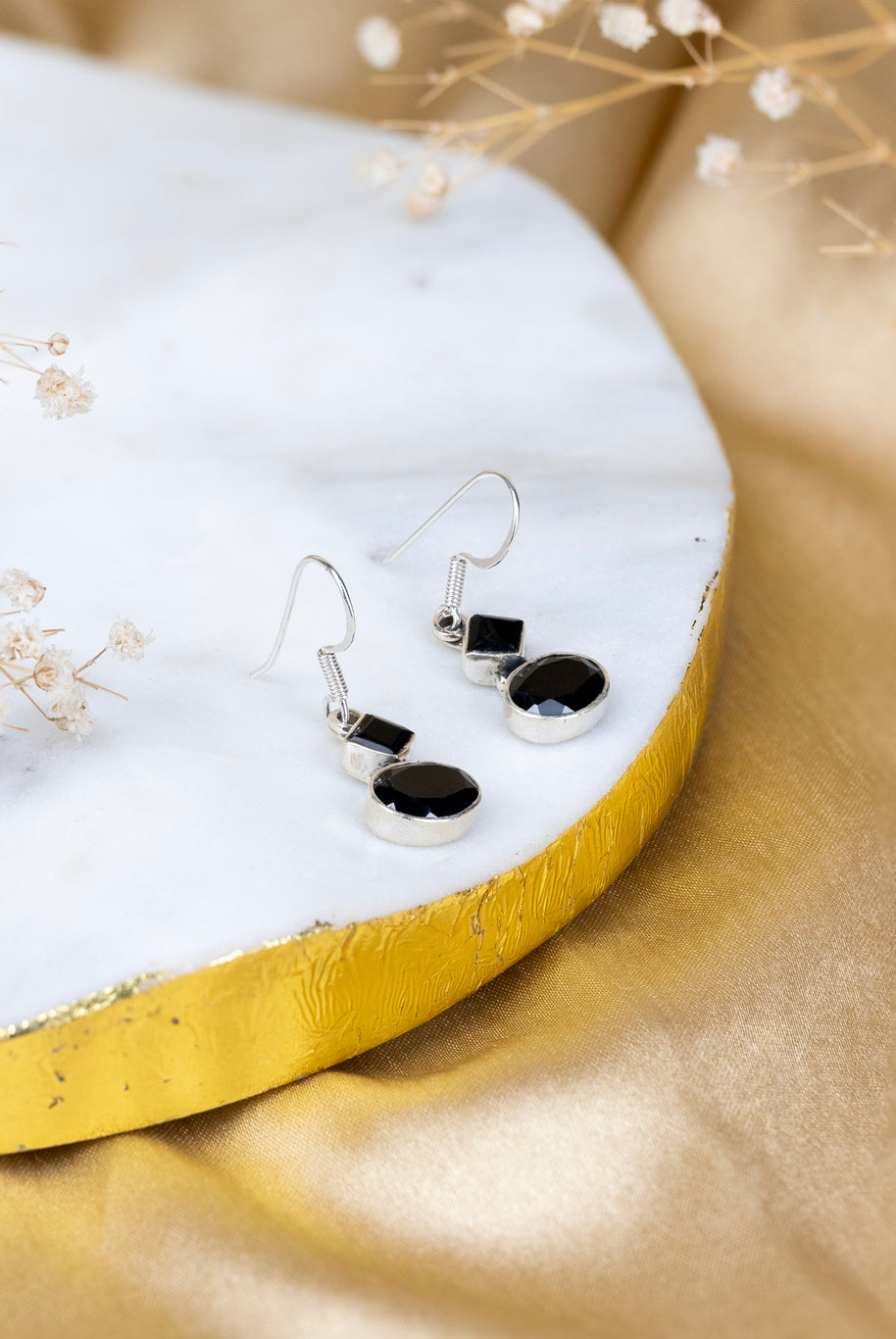Black Onyx Teardrop Danglings in 92.5 Sterling Silver